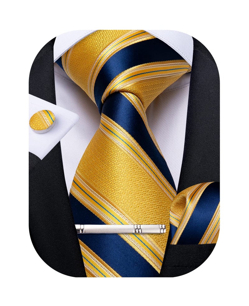 DiBanGu Mens Striped Tie Silk Woven Necktie and Pocket Square Cufflinks Tie Clip Set Wedding Business Formal, Yellow and Blue - Image 1